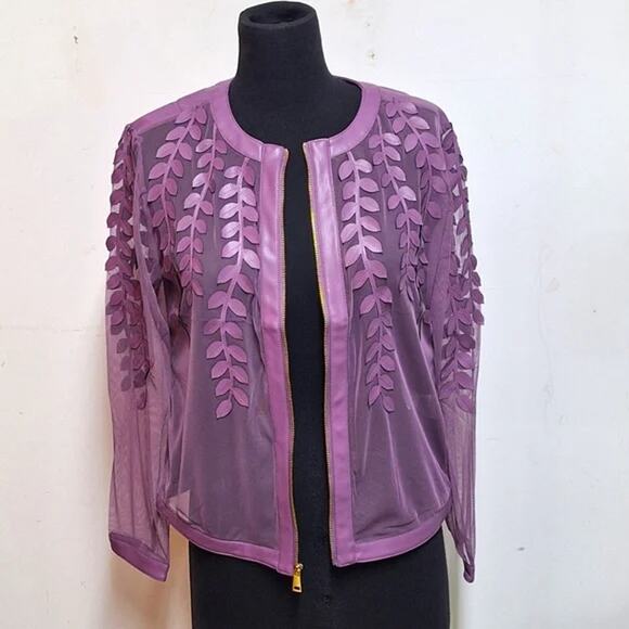 NEW! Colleen Lopez Mesh Leaf / Floral Faux Leather Jacket Grape Purple Small NWT - Picture 1 of 9